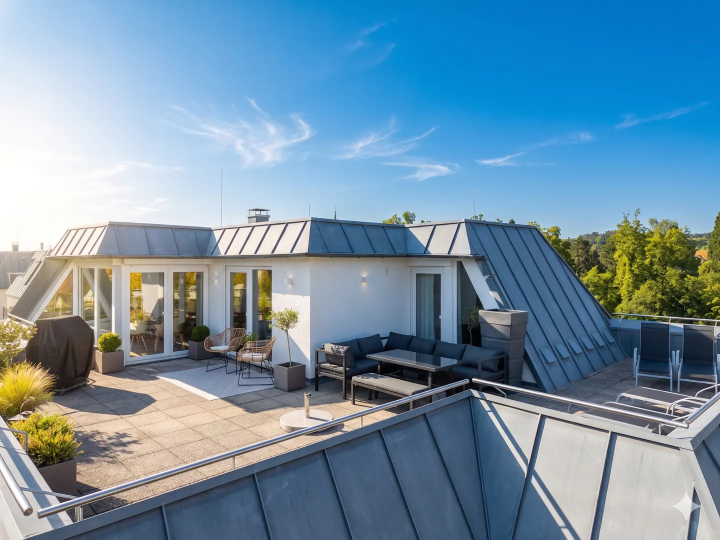 Rooftop patio with gray metal roof, white walls, and outdoor furniture under a clear blue sky.