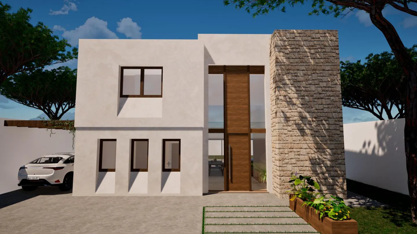 Two-story modern house with white stucco, stone accent wall, and dark-framed windows. A white car is parked nearby.