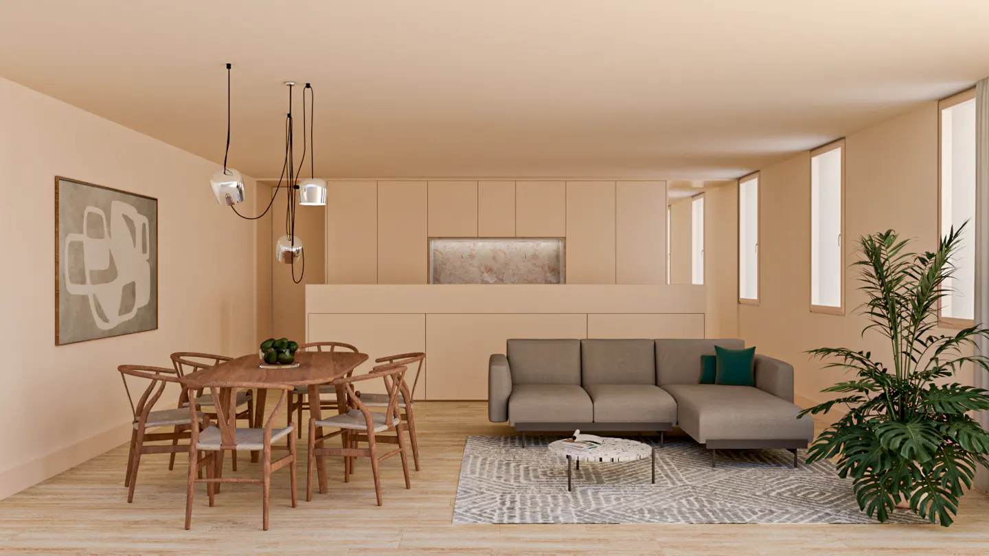 Beige living and dining area with wood table, gray sofa, patterned rug, and modern lighting. A large plant sits near the windows.