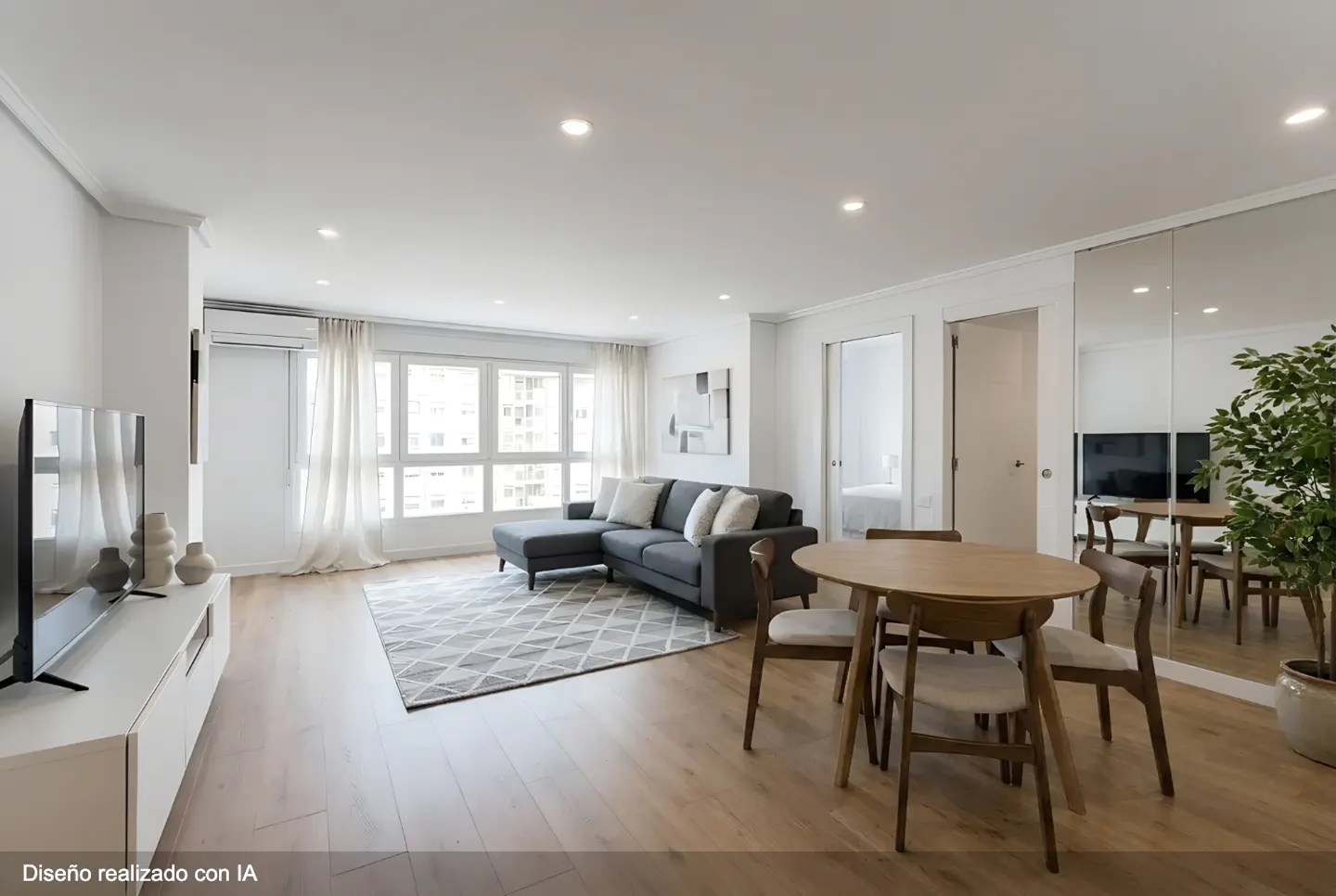 Bright living room with hardwood floors, gray sectional sofa, round wood table with chairs, and large windows.