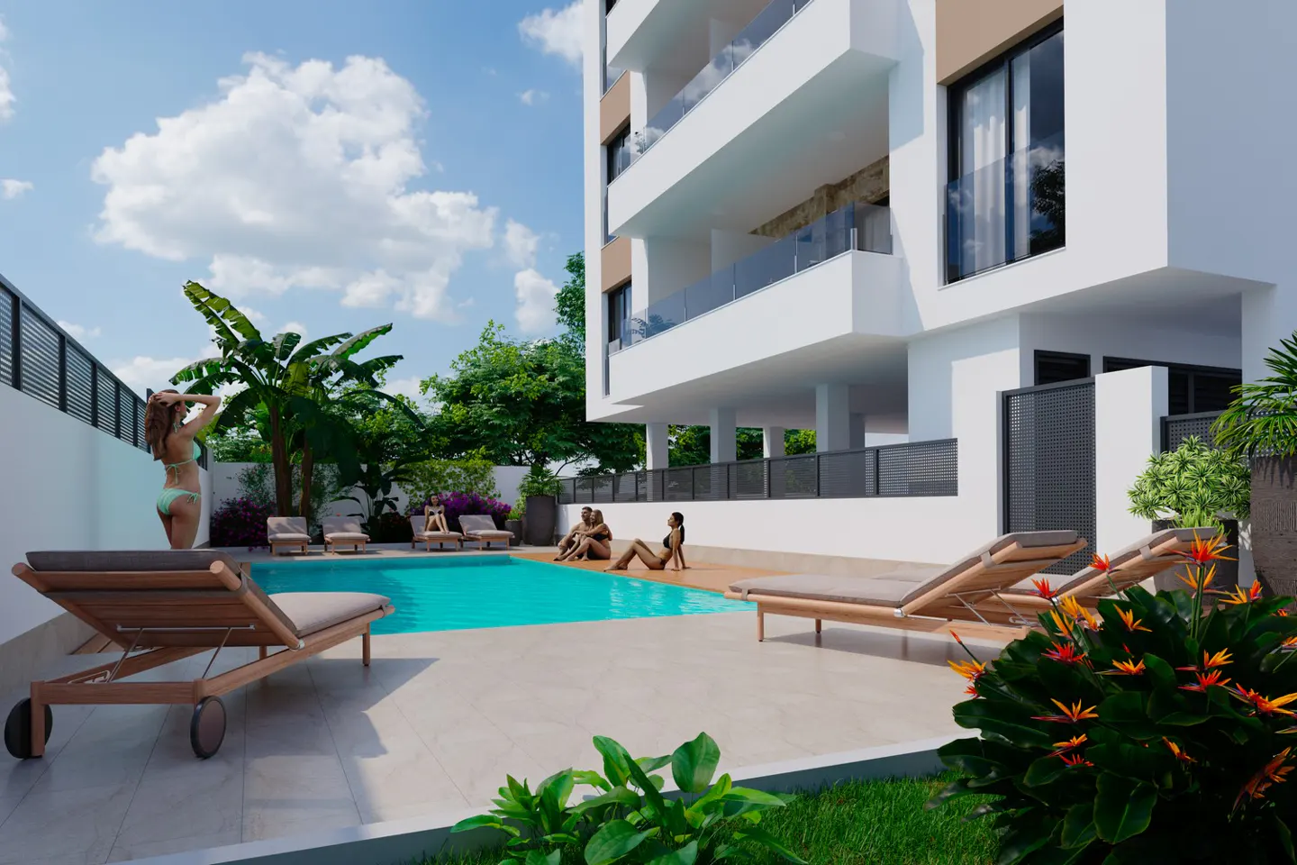 Modern white apartment building with a pool. People lounge by the turquoise water on lounge chairs. Tropical plants add greenery.