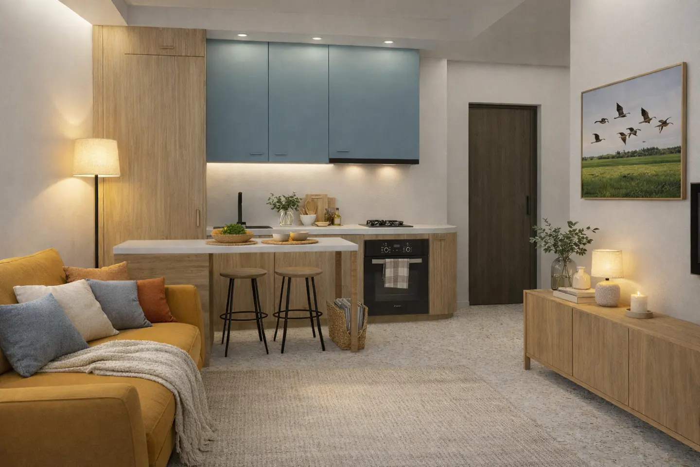 A modern apartment interior with a yellow sofa, blue cabinets, and a painting of flying birds.
