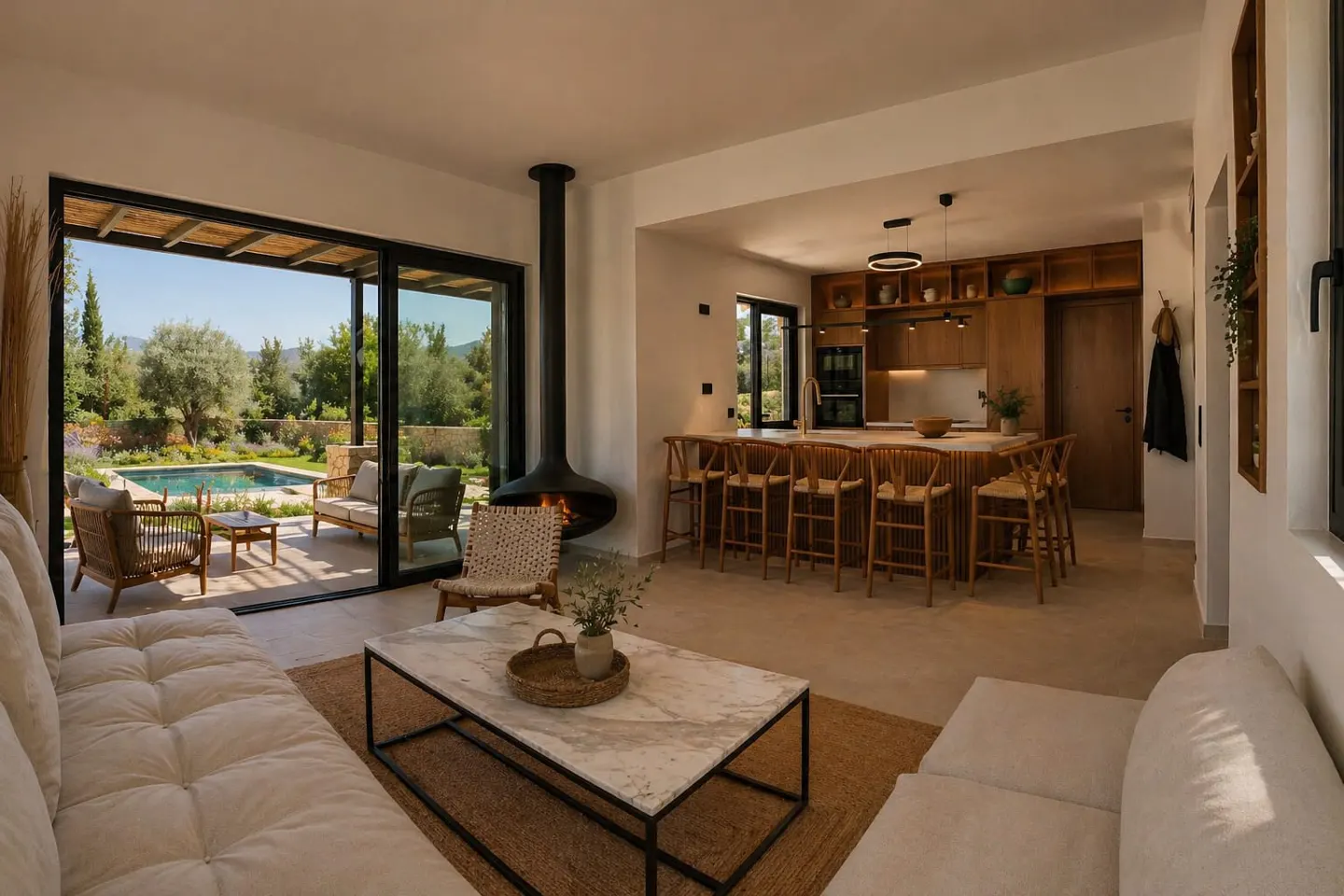 Open-concept living space with a black fireplace, white sofas, and a kitchen island with wooden stools. Outside, a pool and patio furniture are visible.