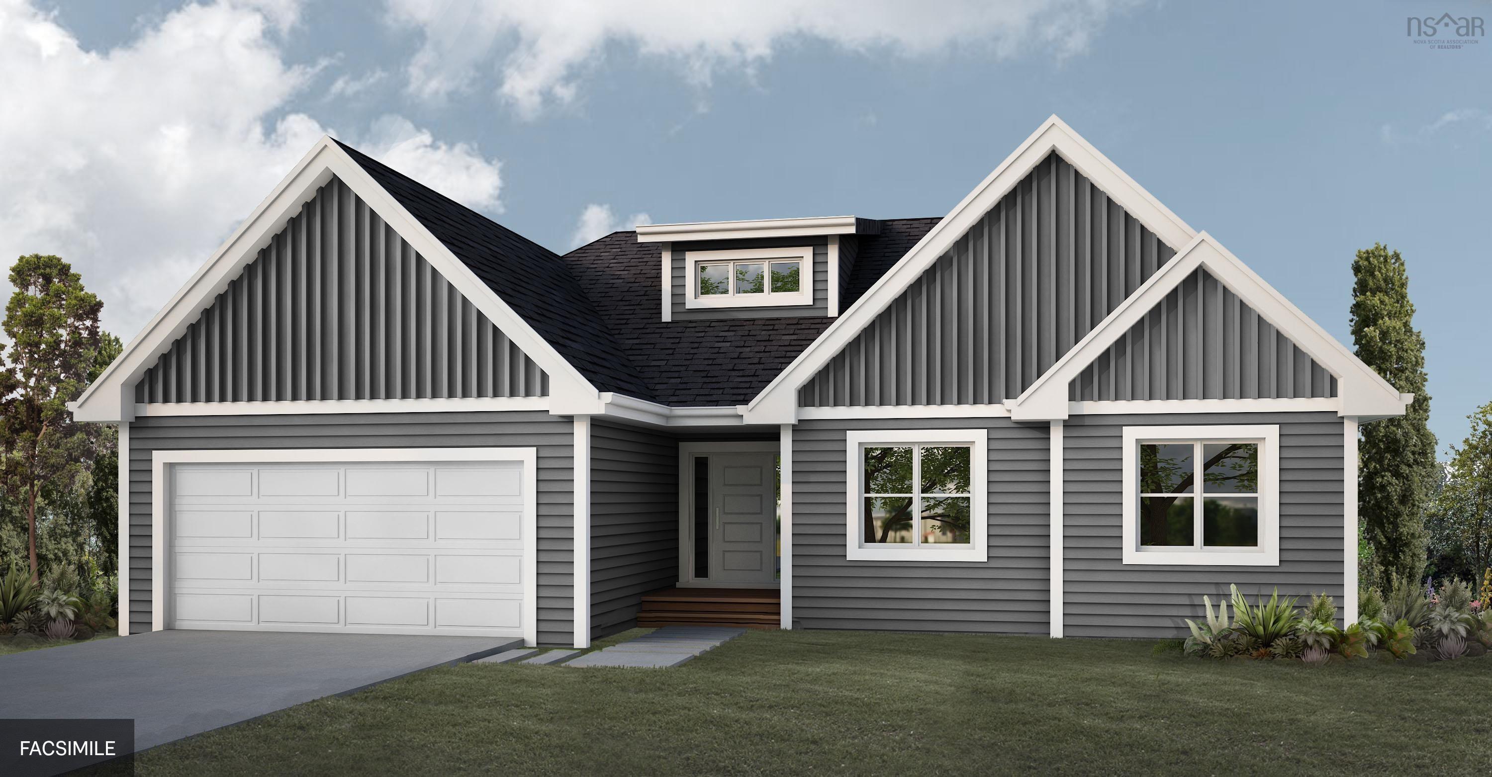 A gray, one-story house with a white garage door, white trim, and a black roof. The house has a dormer window and a small front porch.