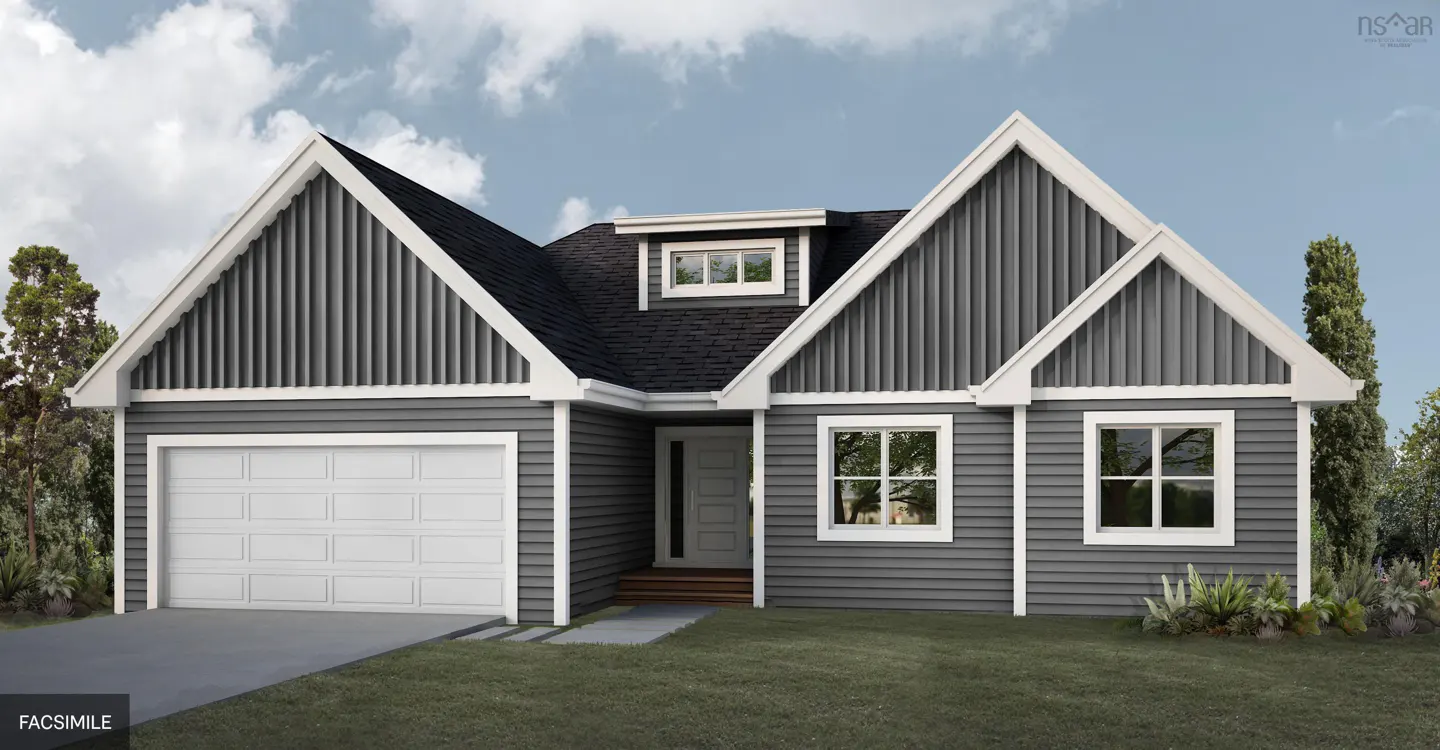 A gray, one-story house with a white garage door, white trim, and a black roof. The house has a dormer window and a small front porch.