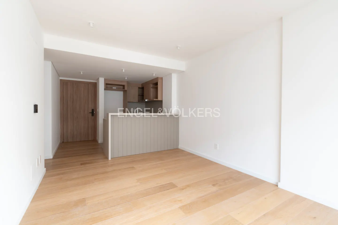 Modern studio apartment with light wood floors, white walls, a wooden door, and a kitchen island with light wood cabinets.