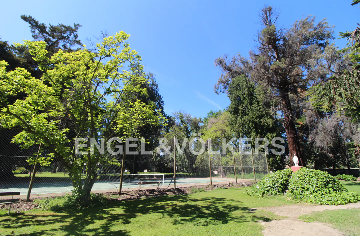 Tennis court surrounded by lush green trees and a manicured lawn under a clear blue sky.