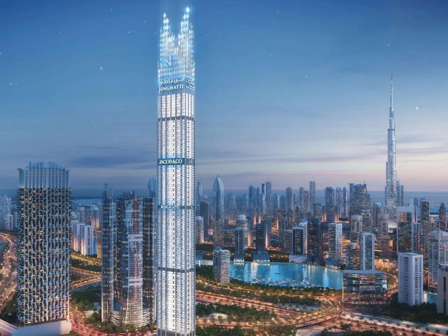 Dubai skyline at dusk featuring the Burj Khalifa and the Singhatti skyscraper with Jacob & Co branding.