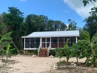 A single-story house with a white roof and screened porch, surrounded by trees and banana plants.