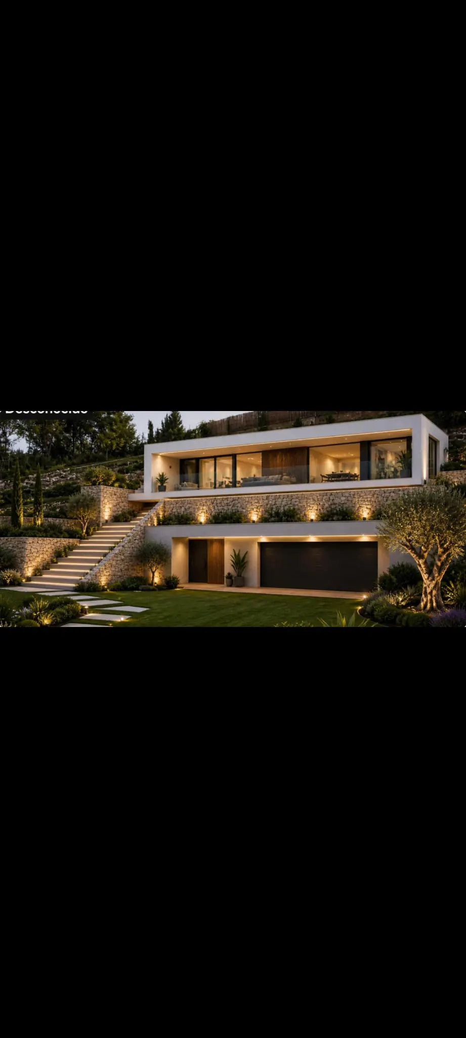 Modern white house with a flat roof, large windows, and a stone facade, set on a green lawn with trees and stairs.