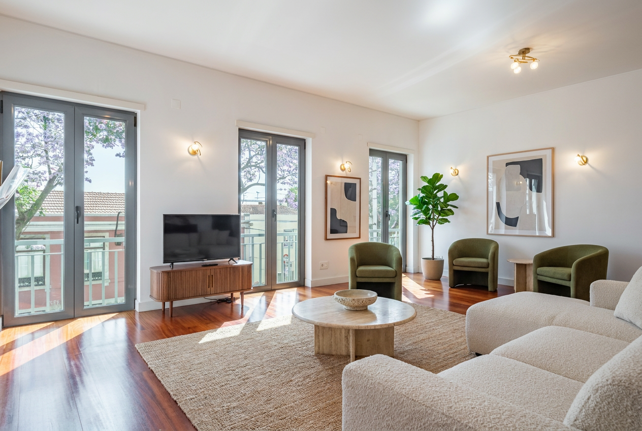 Bright living room with white walls, hardwood floors, a cream sofa, three olive green chairs, and a round stone coffee table.