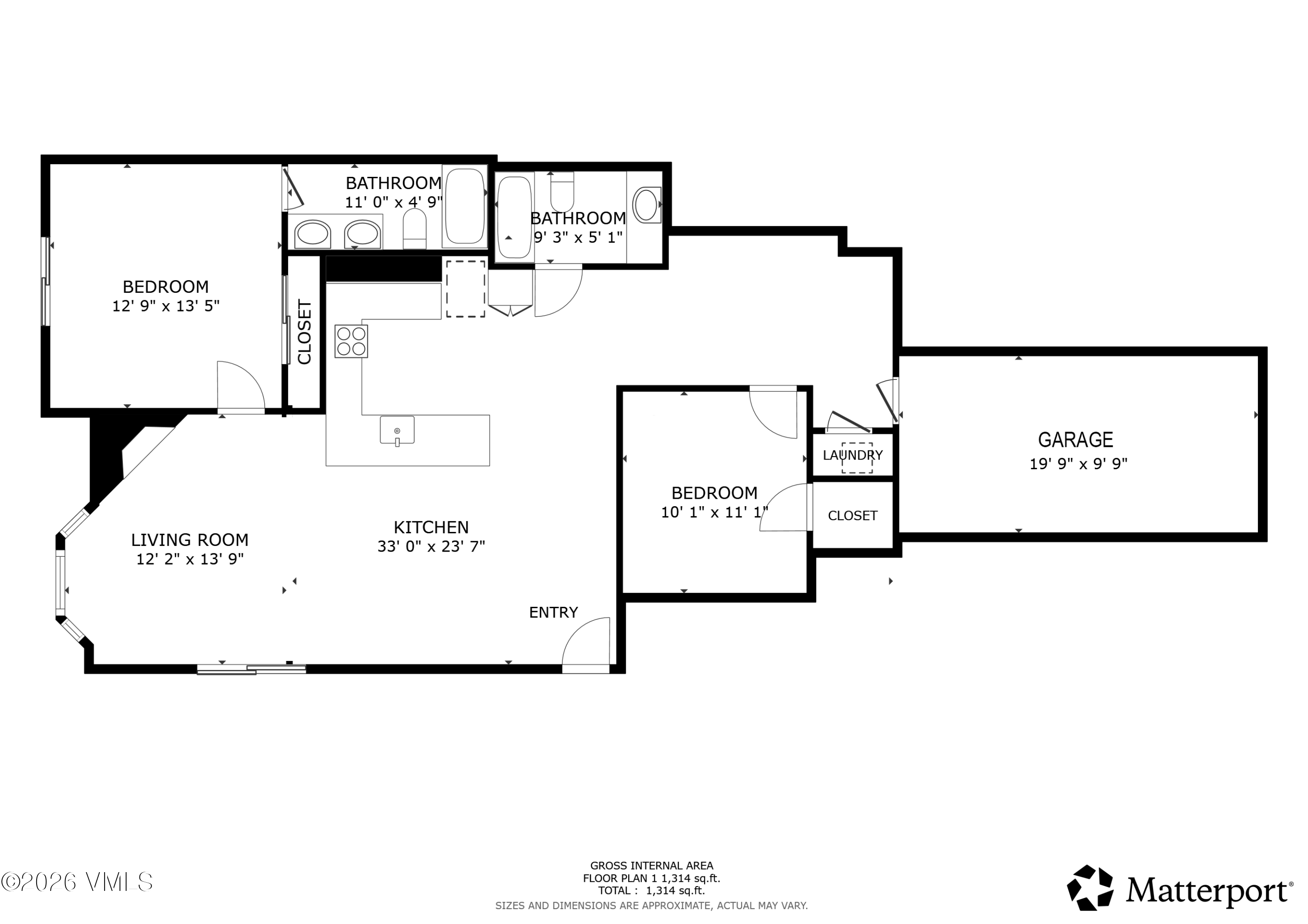 Floor plan of a house with two bedrooms, two bathrooms, a kitchen, living room, laundry, and garage.