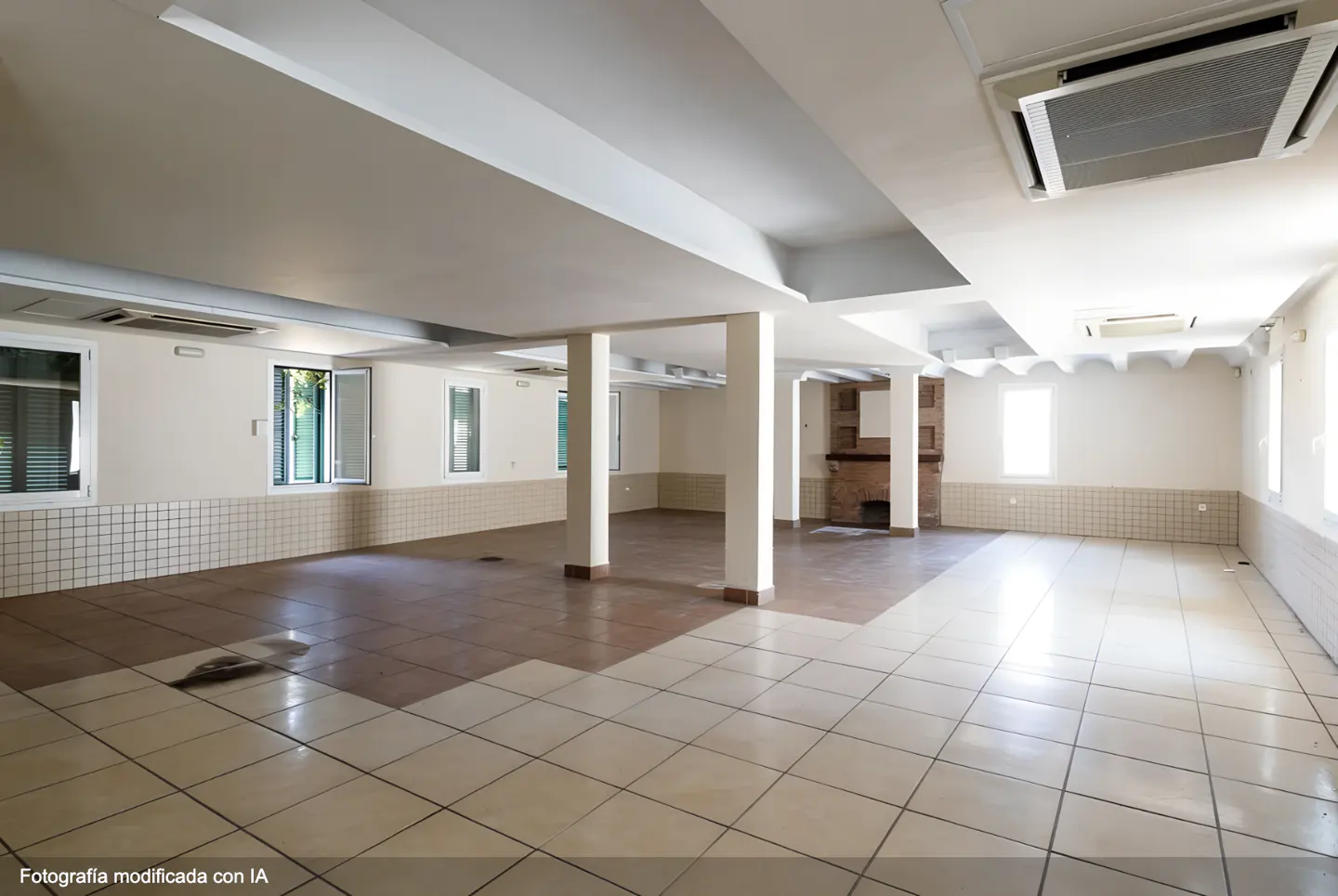 Spacious room with white walls, tile floors, and support columns. Windows line one wall, and a brick fireplace is visible in the background.
