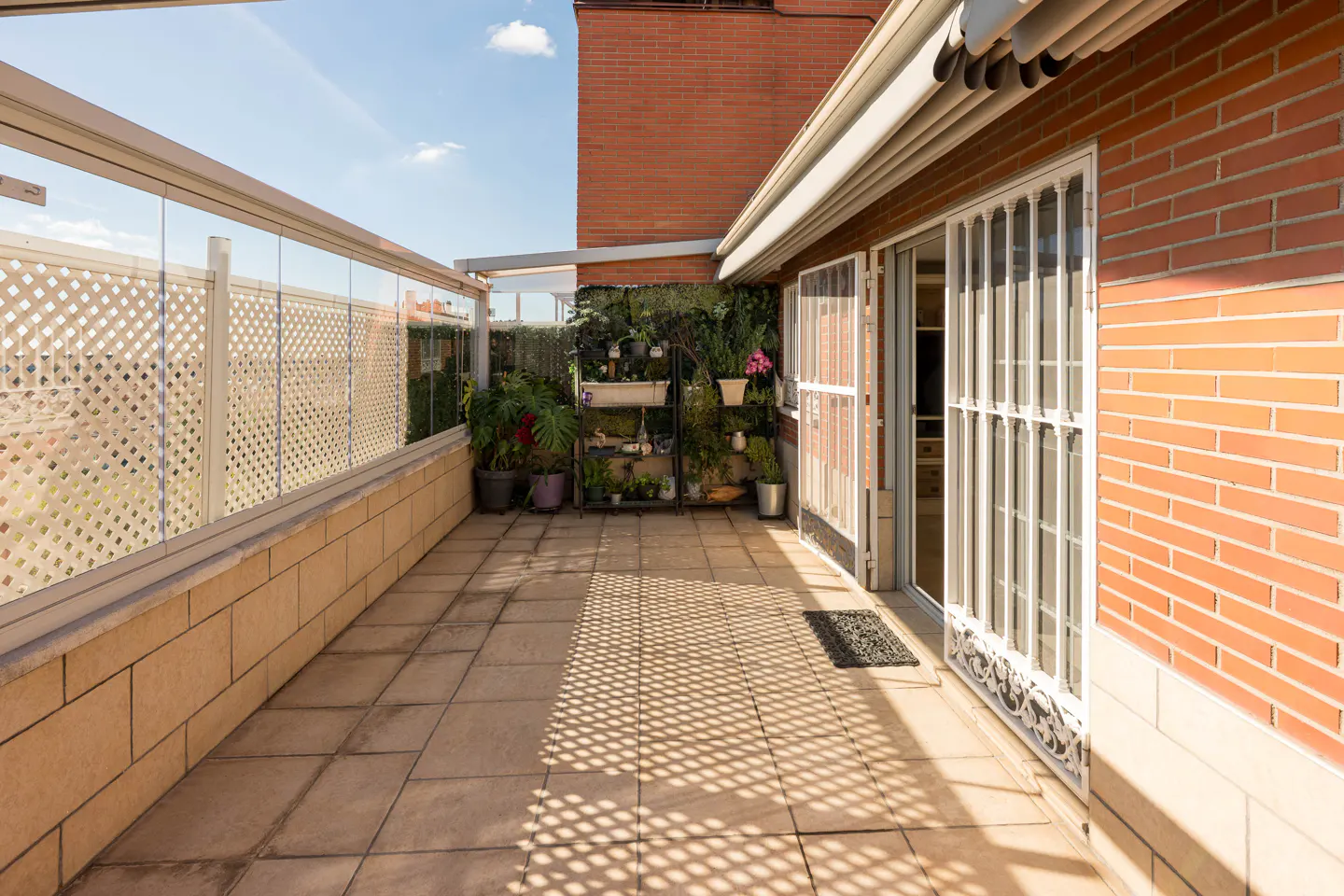 A sunny patio with brick walls, a lattice fence, and potted plants. The floor is tiled, and shadows create a patterned effect.