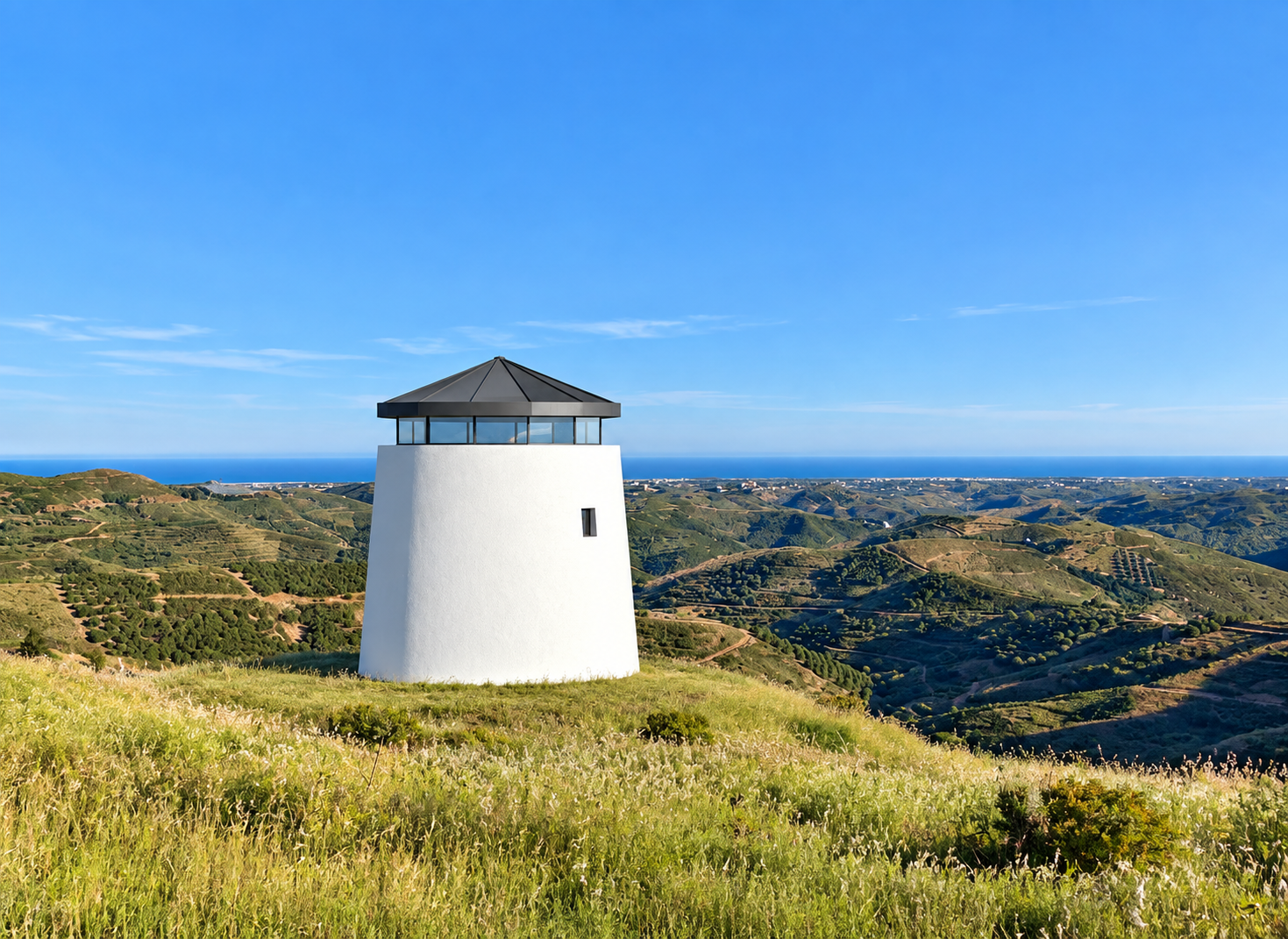 A white, cylindrical modern building with a dark roof sits on a grassy hill overlooking a vast, hilly landscape and sea. [AI-generated text]