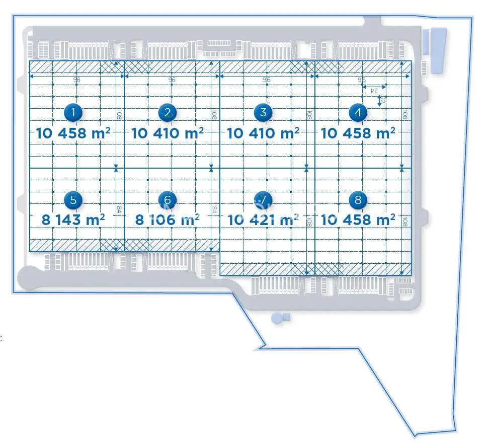 Floor plan showing eight numbered industrial warehouse units with individual square meter measurements in a grid layout.