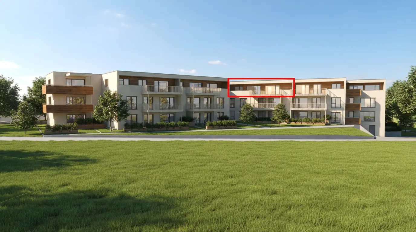 Modern apartment building with balconies, set against a blue sky and green lawn. A red box highlights a specific balcony.