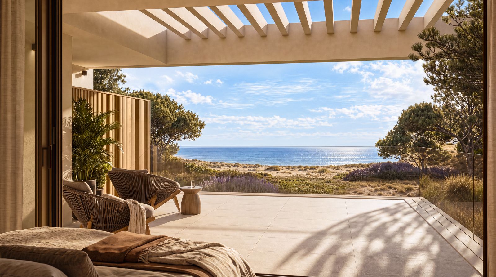 Stellen Sie sich vor, Sie wachen mit atemberaubendem Blick auf den Atlantik und den Golfplatz an Portugals Silberküste auf. [KI-modifiziert]