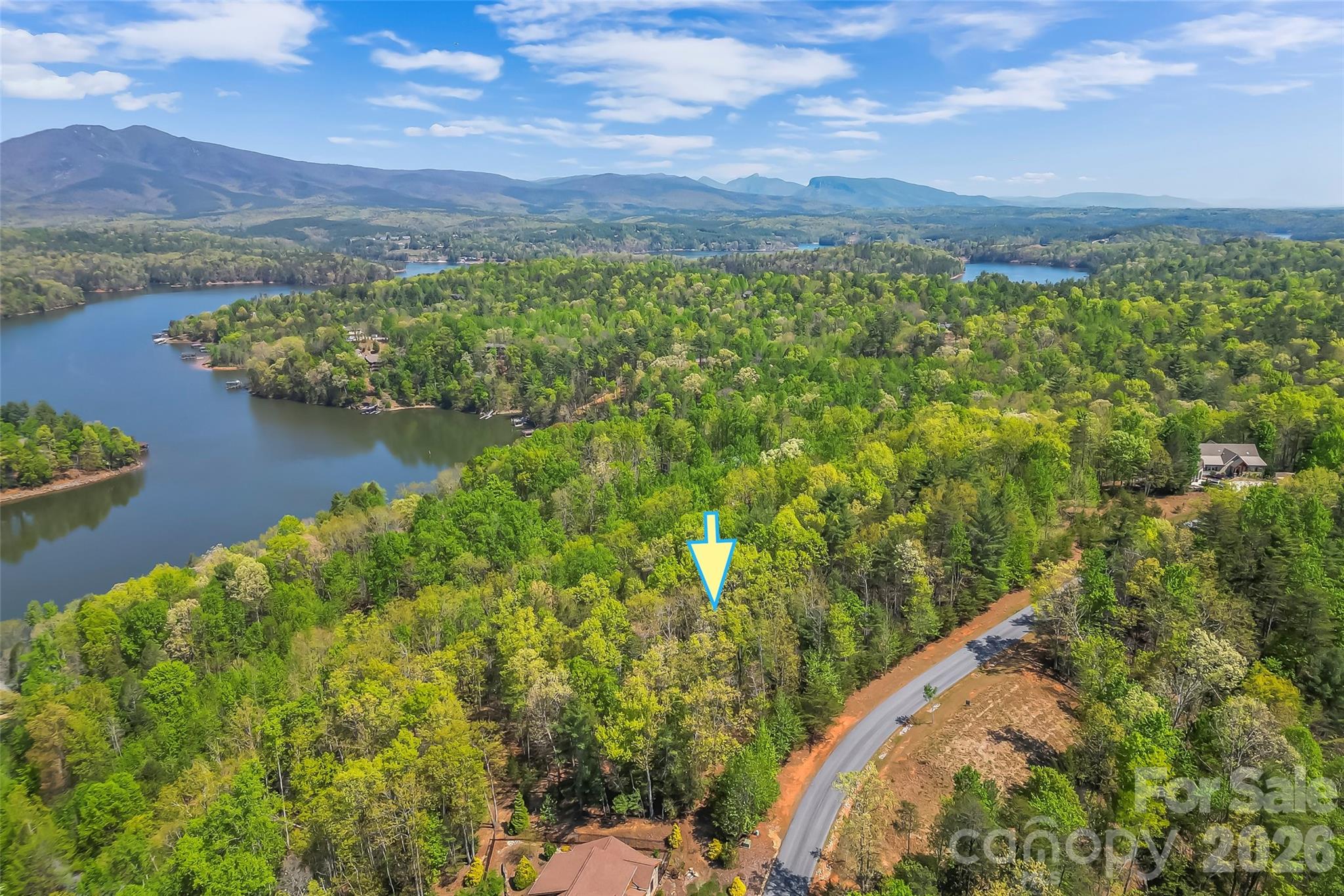 Aerial view of wooded lot for sale, marked with a blue arrow, near a lake and mountains under a blue sky.