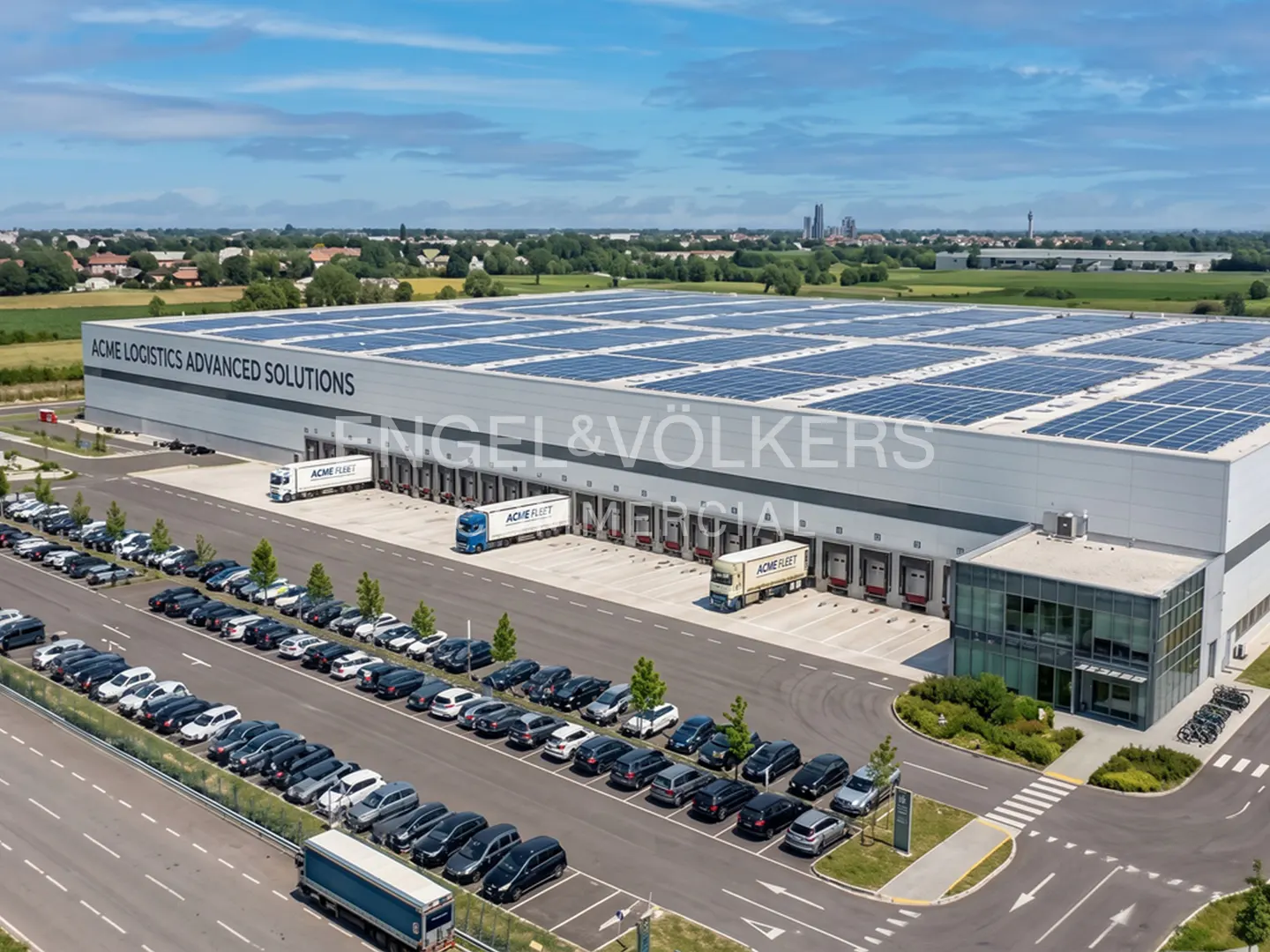 Aerial view of the Acme Logistics Advanced Solutions building, a large warehouse with solar panels, loading docks, and a parking lot.