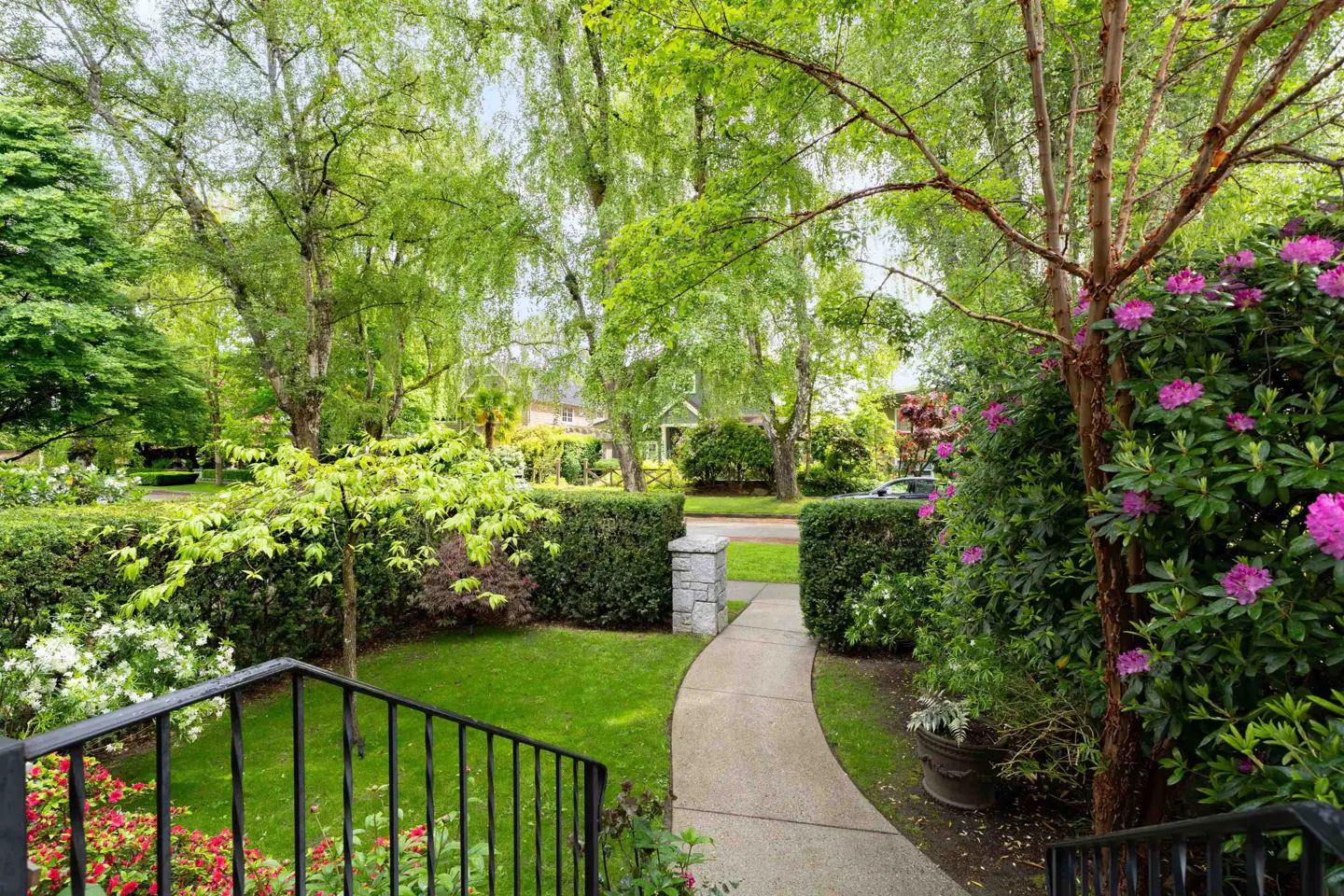 View from stairs of a home's front yard with a stone walkway, green lawn, hedges, trees, and pink flowers.