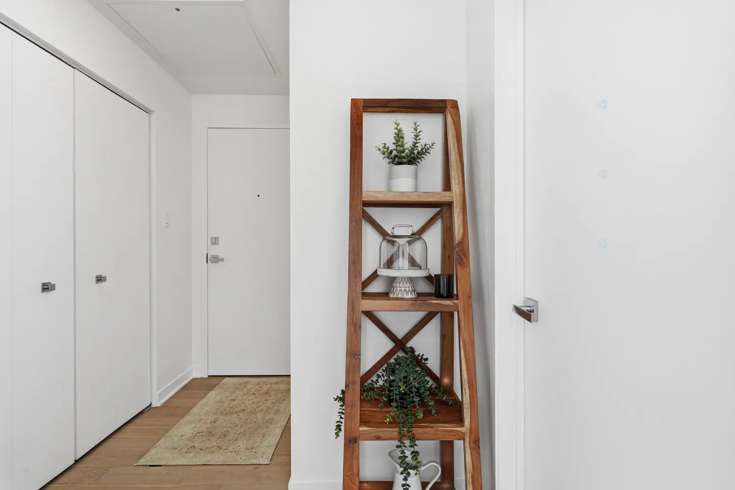 Hallway with a wooden ladder shelf holding plants, a cake stand, and a pitcher, next to a white door.