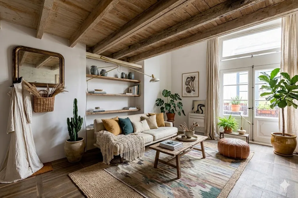 Living room with exposed wood beam ceiling, white walls, sofa with colorful pillows, and plants. A large window lets in natural light.