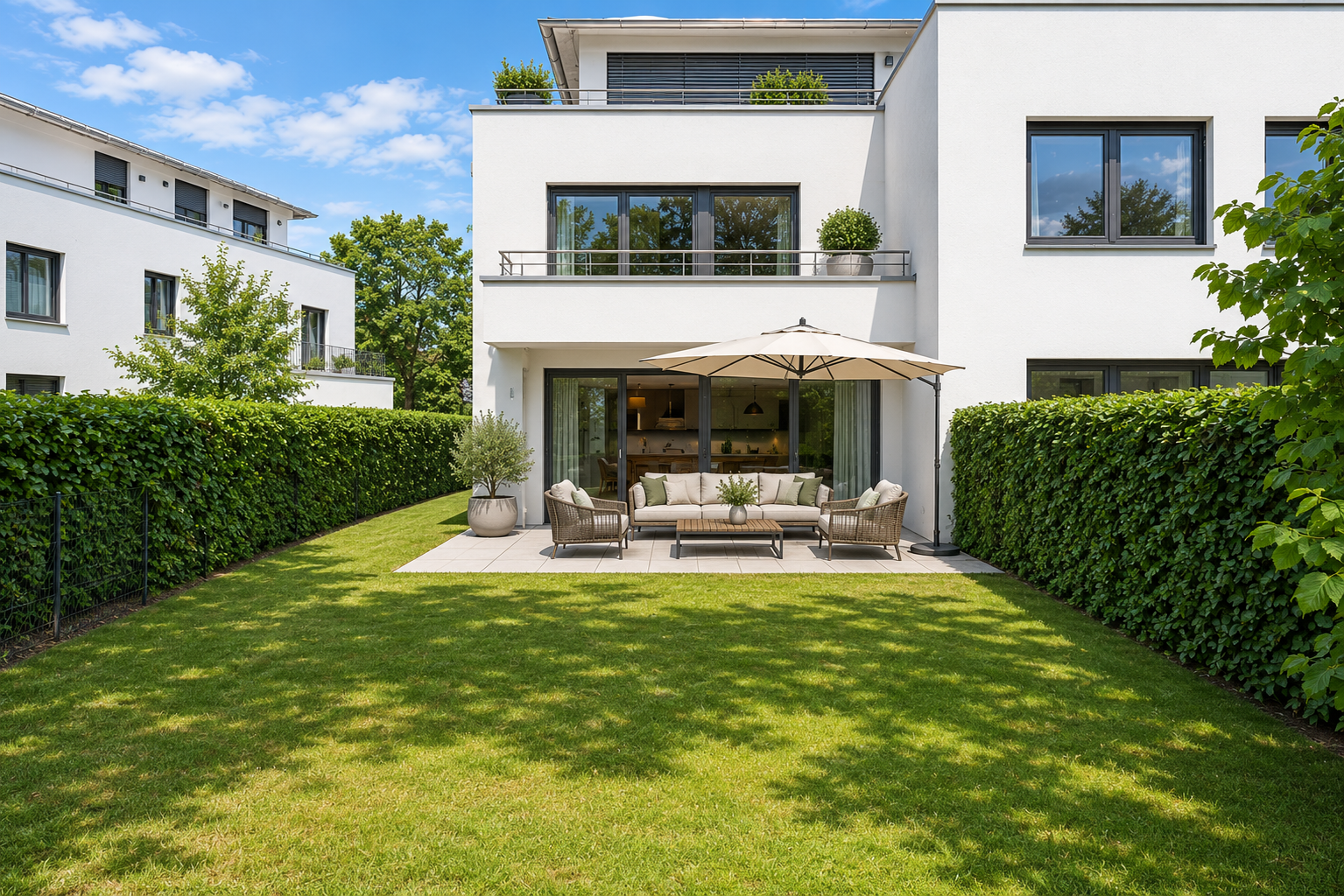 Modern house-within-a-house concept with spacious private garden [AI-modified]
