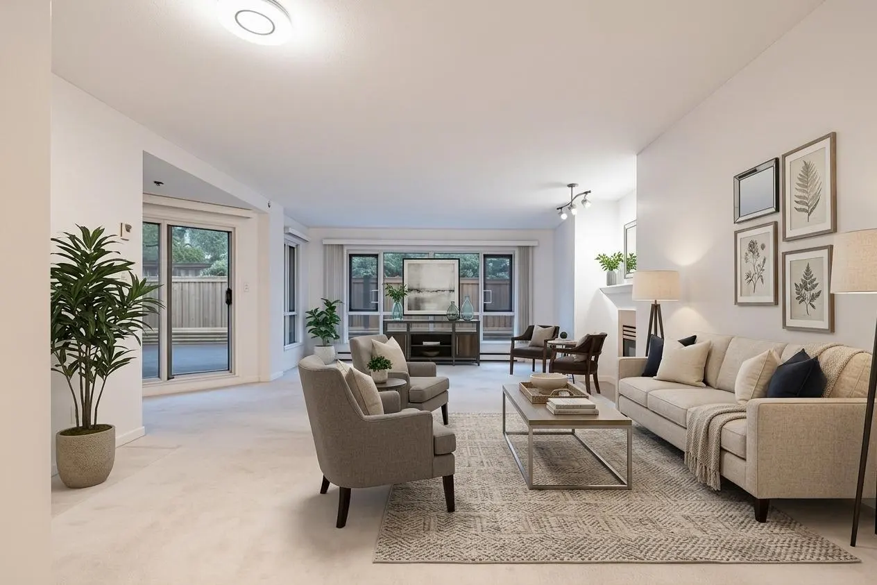 Bright, open living room with neutral tones. Beige sofa, gray chairs, and a patterned rug create a cozy space. Artwork adorns the white walls.