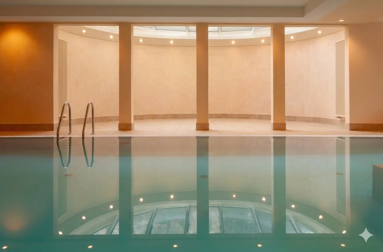 Indoor pool with turquoise water reflecting the ceiling lights and architectural columns. A metal ladder is on the left side.