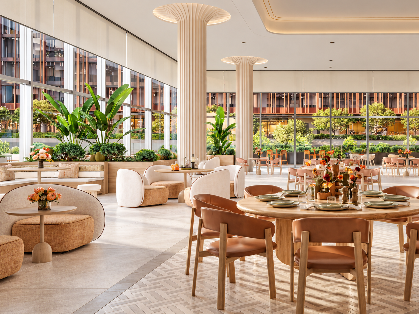 Modern restaurant interior with floor-to-ceiling windows, fluted columns, tan leather chairs, and lush indoor greenery. [AI-generated text]