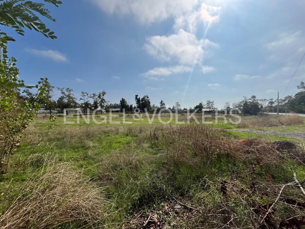 A grassy lot under a blue sky with trees in the background. Engel & Volkers logo is superimposed on the image.
