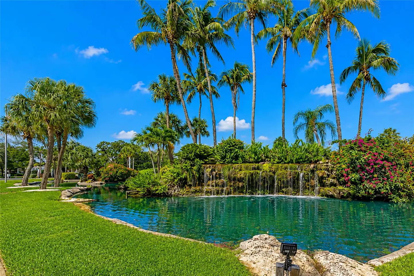 A tropical landscape featuring a turquoise pond with a stone waterfall, lush greenery, palm trees, and a bright blue sky.