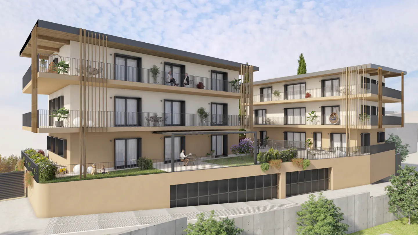 Rendering of a modern, three-story apartment building with balconies, large windows, and a tan exterior. People are on the balconies.