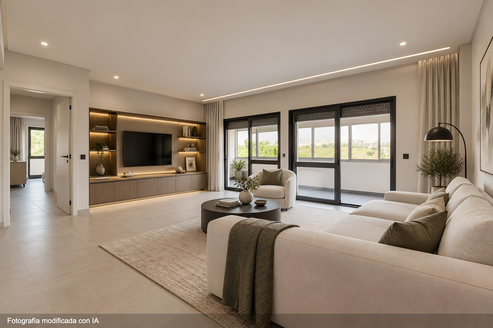 Modern living room with a beige sofa, round coffee table, wall-mounted TV, and large sliding doors leading to a balcony. [AI-generated text]