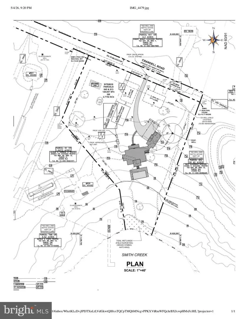 A black and white site plan shows property lines, roads, and a house. "Smith Creek Plan" is at the bottom. "Crandell Road" is at the top.