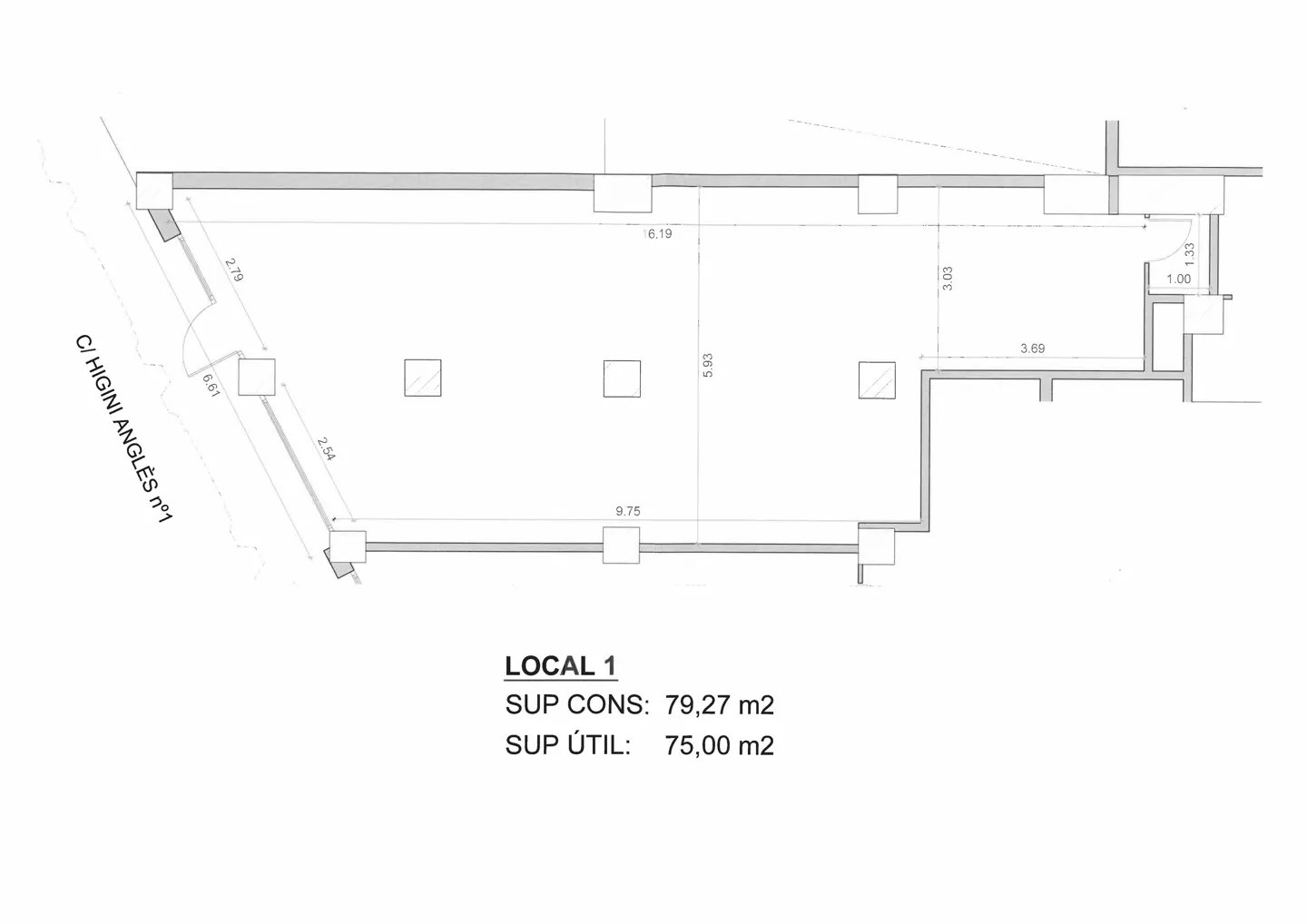 Floor plan of Local 1, showing dimensions and layout. Text indicates a constructed area of 79.27 m2 and a usable area of 75.00 m2.