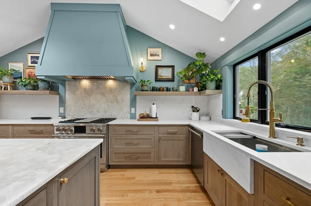 A modern kitchen with light blue walls, wood cabinets, marble countertops, and stainless steel appliances. Plants decorate the shelves.