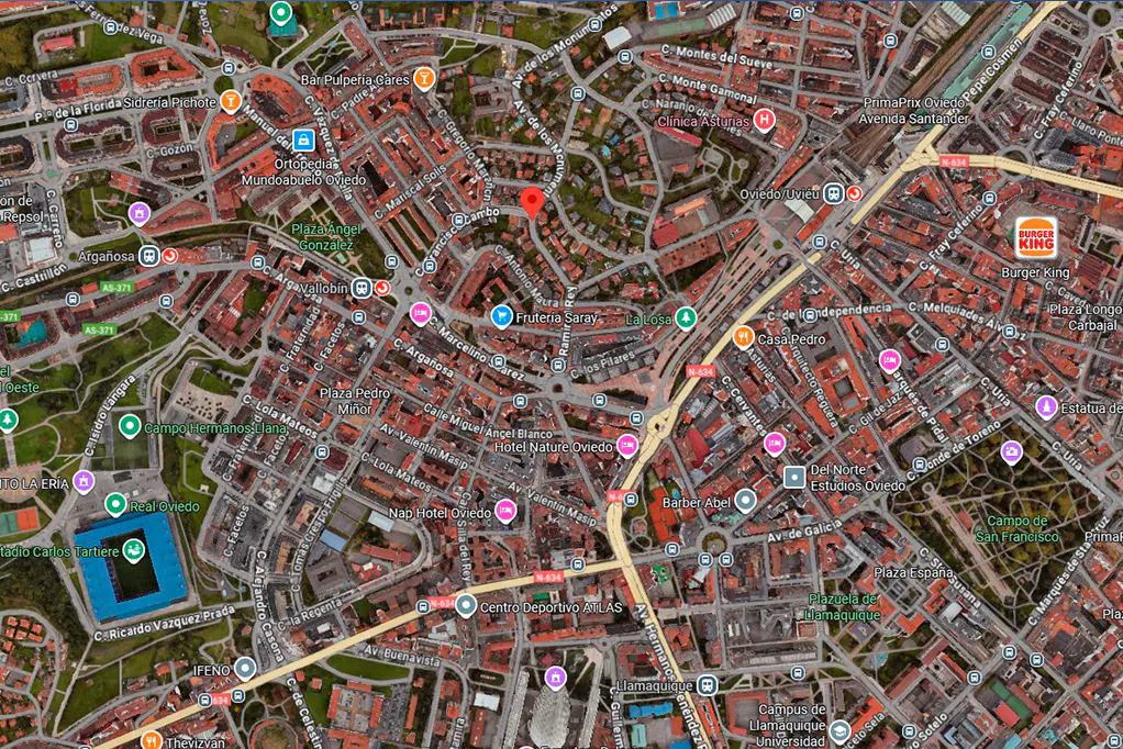 Aerial view of Oviedo, Spain, with red pin marking a location. Streets, buildings, parks, and landmarks like Burger King are visible.