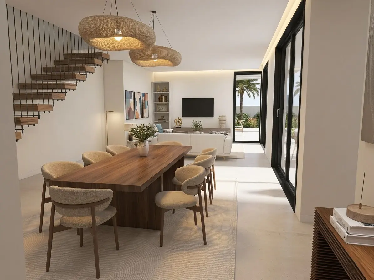 A bright, modern dining room with a wood table, beige chairs, and woven pendant lights. Stairs are visible on the left, and a living room with a TV is in the background. Large windows offer a view of a palm tree.
