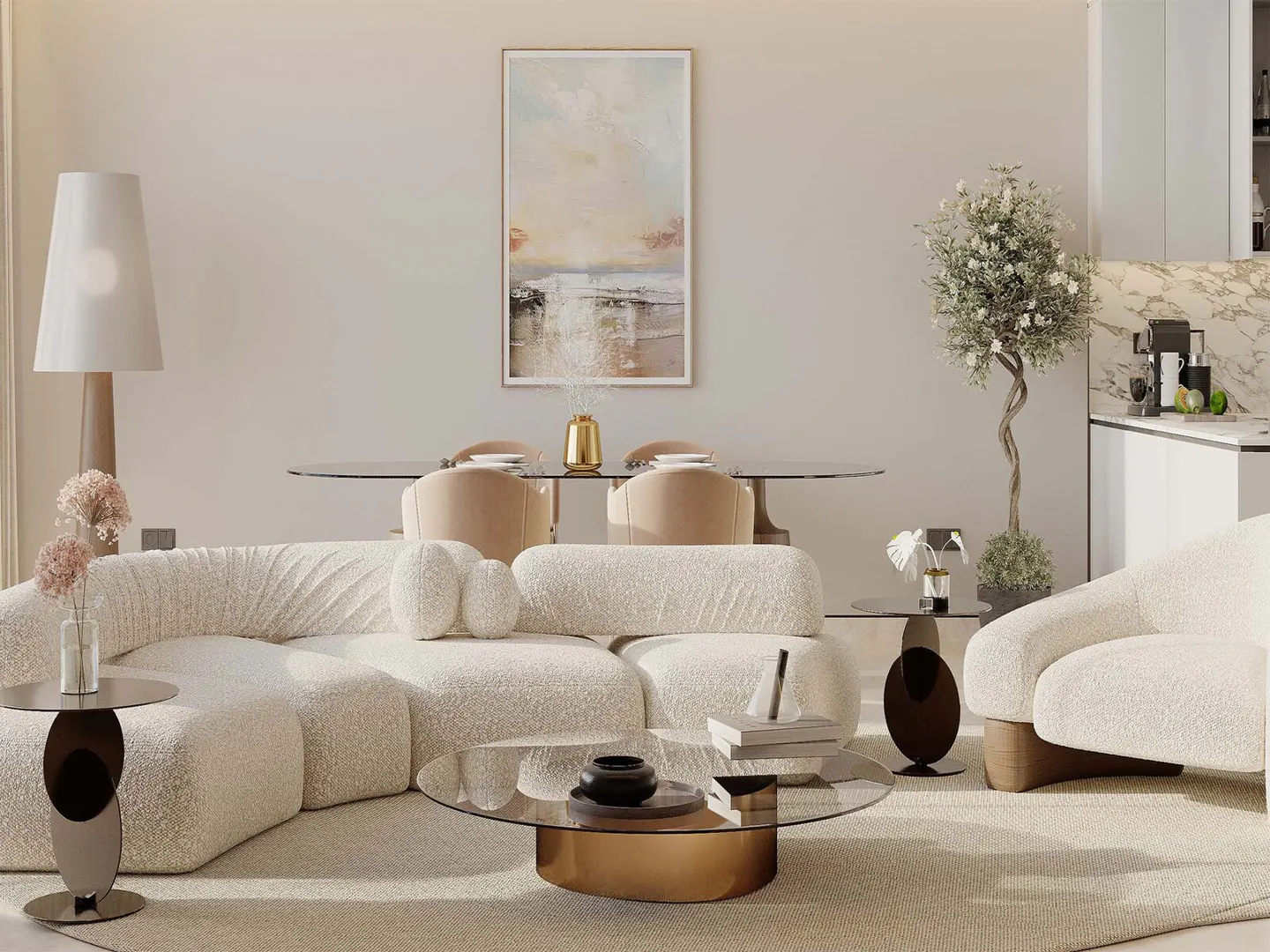 A bright living room with a white, textured sectional sofa, glass coffee table, and dining table with beige chairs. An abstract painting hangs on the wall.