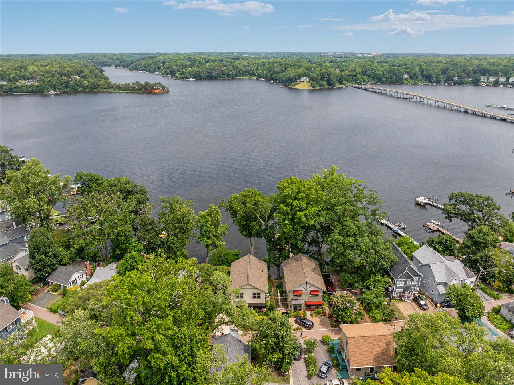 Aerial view of waterfront homes nestled among lush green trees along a large lake with a long bridge in the distance. [AI-generated text]