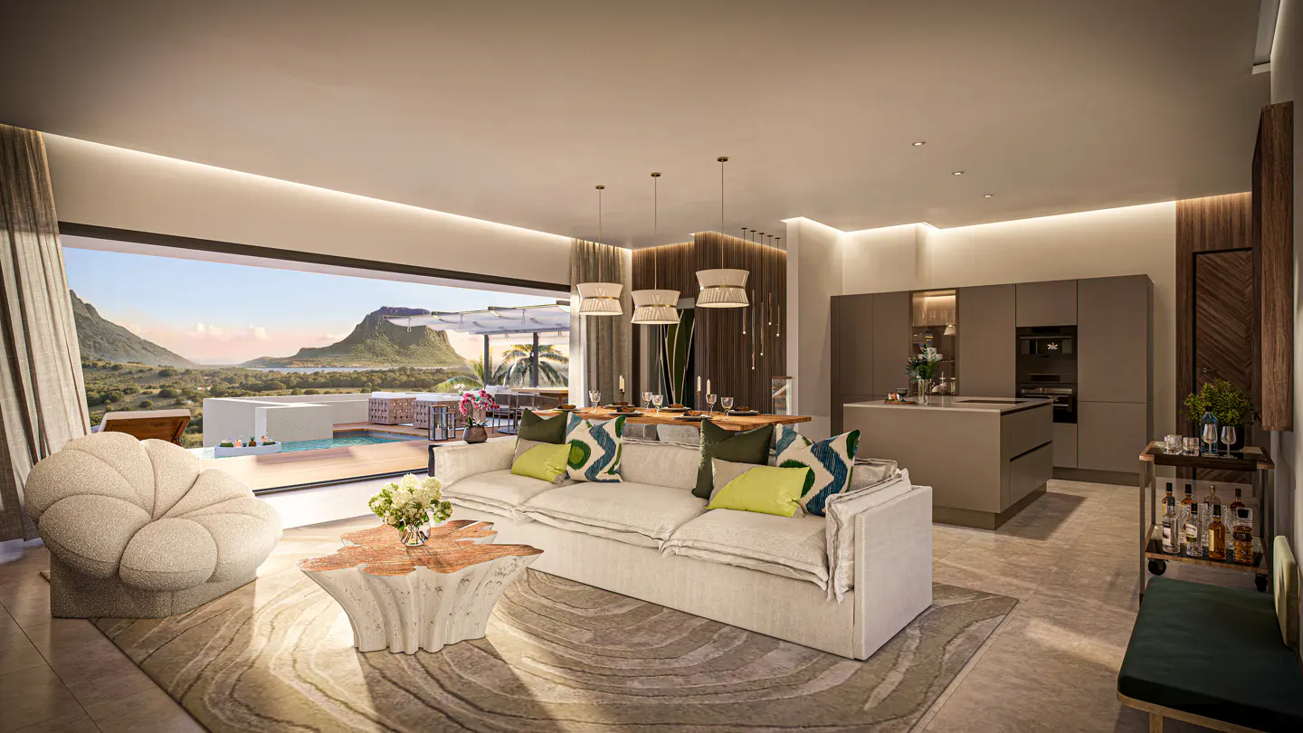 Bright, modern living room with a white sofa, unique coffee table, and a view of mountains and a pool.