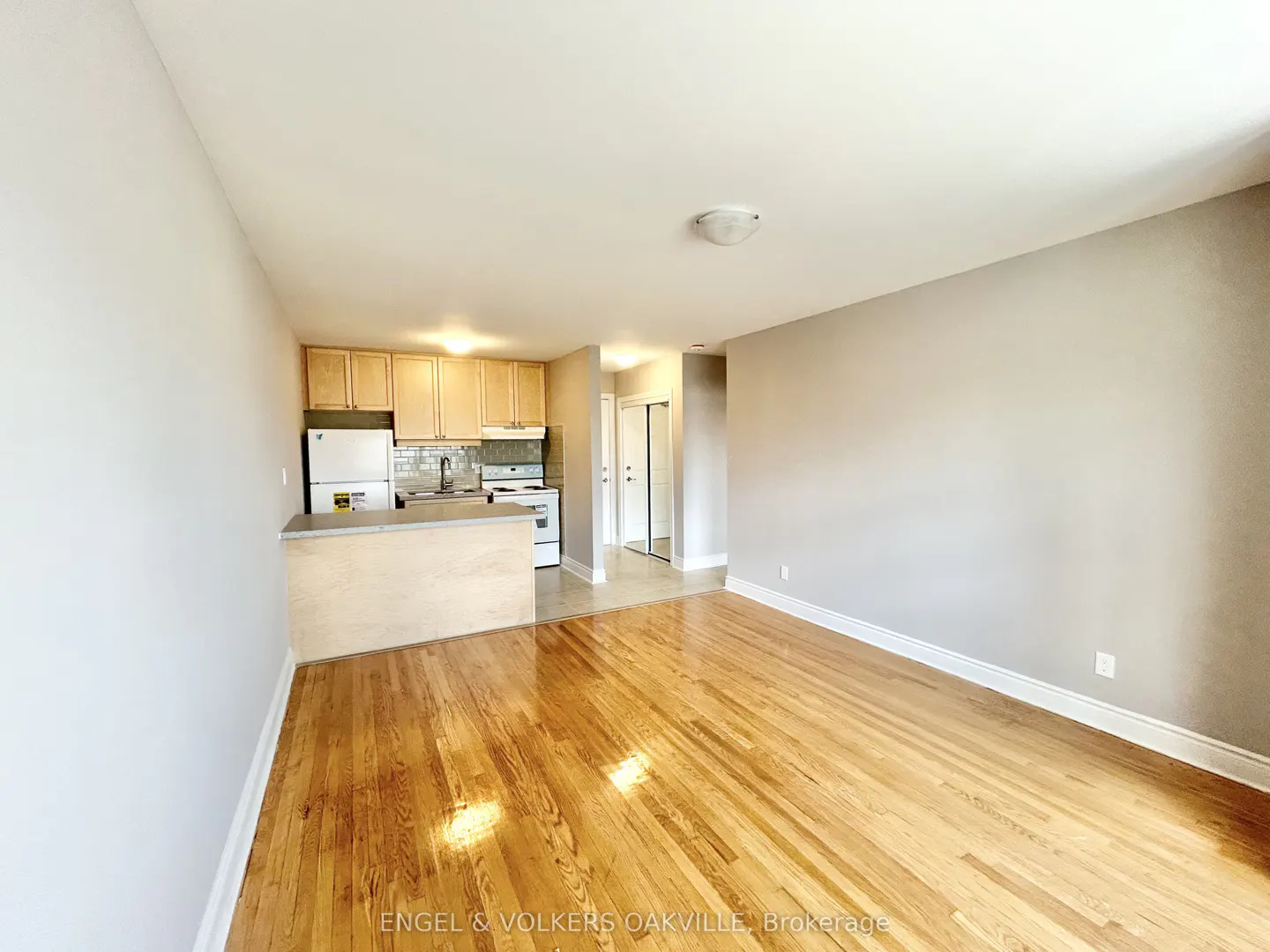 A bright apartment with hardwood floors, a kitchen with light wood cabinets, and gray walls.