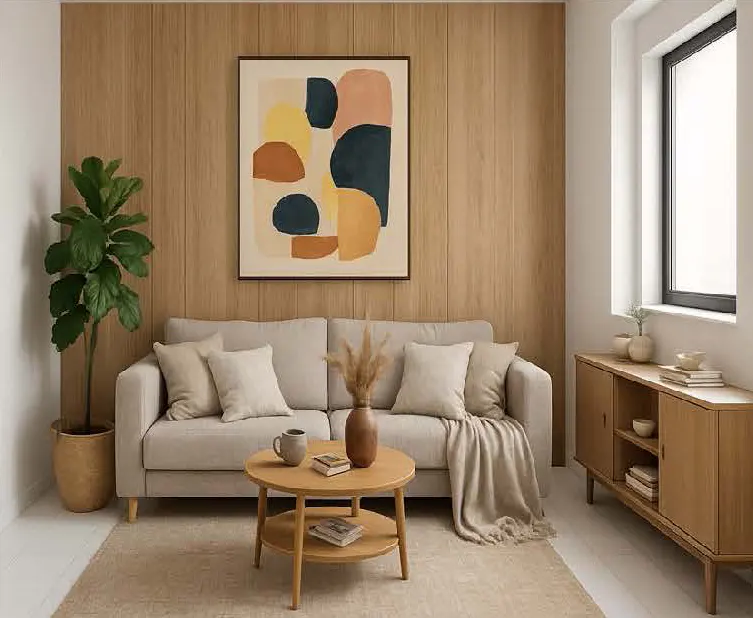Living room with beige sofa, round wood table, and abstract art on wood-paneled wall. A potted plant sits to the left.