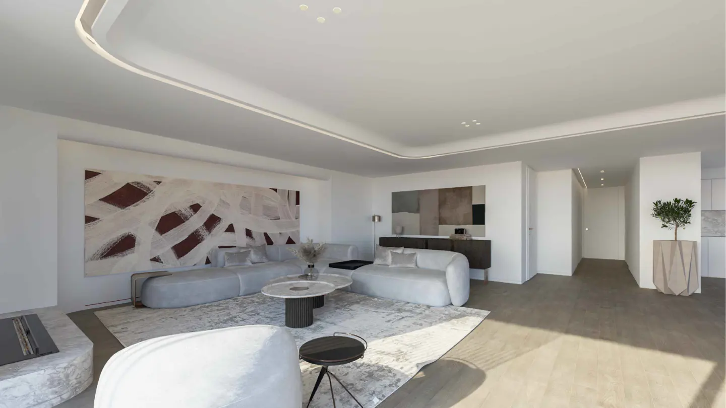 Bright living room with white walls, light gray sofas, and abstract art. A patterned rug sits under a marble-topped coffee table.