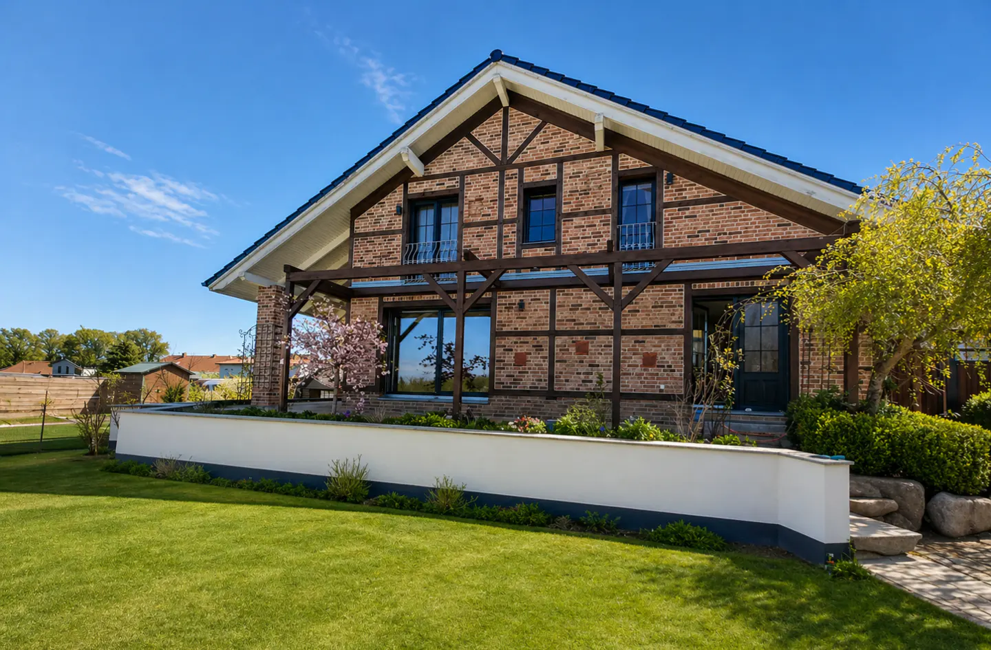 Two-story brick house with dark wood trim and a green lawn under a blue sky.