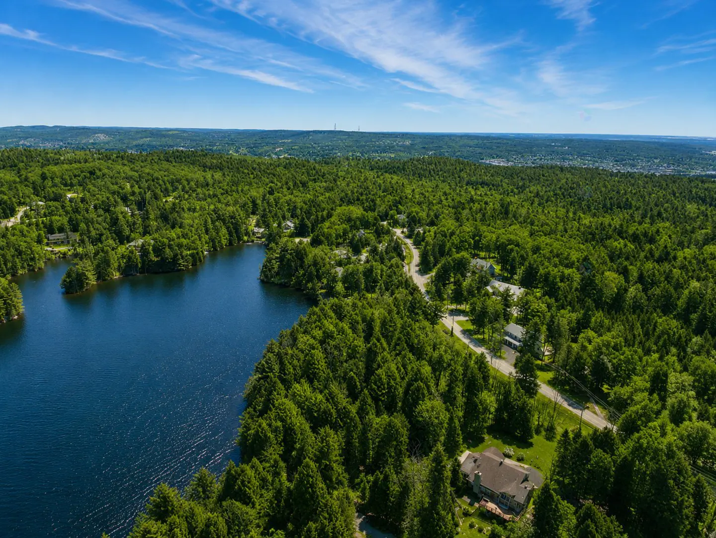 Aerial view of a blue lake surrounded by dense green forest under a bright blue sky. Houses are nestled among the trees.