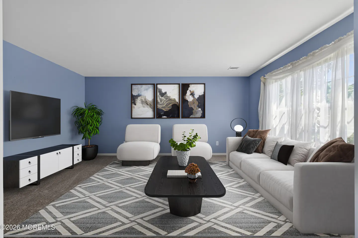 Modern living room with blue walls, white sofa and chairs, black coffee table, TV, and a geometric rug.