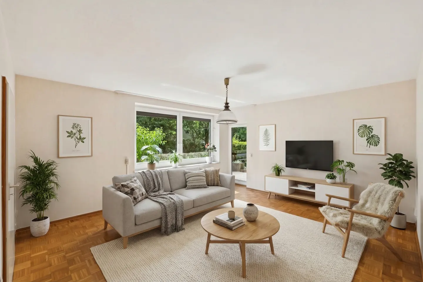 Bright living room with a gray sofa, round wood table, TV, and plants. A white rug covers the wood floor.